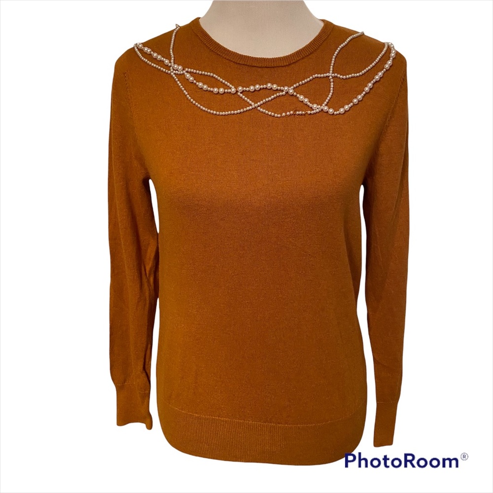 ANTHROPOLOGIE FIELD FLOWER CREWNECK SWEATER GOLD BROWN PEARL BEAD ACCENT Size S